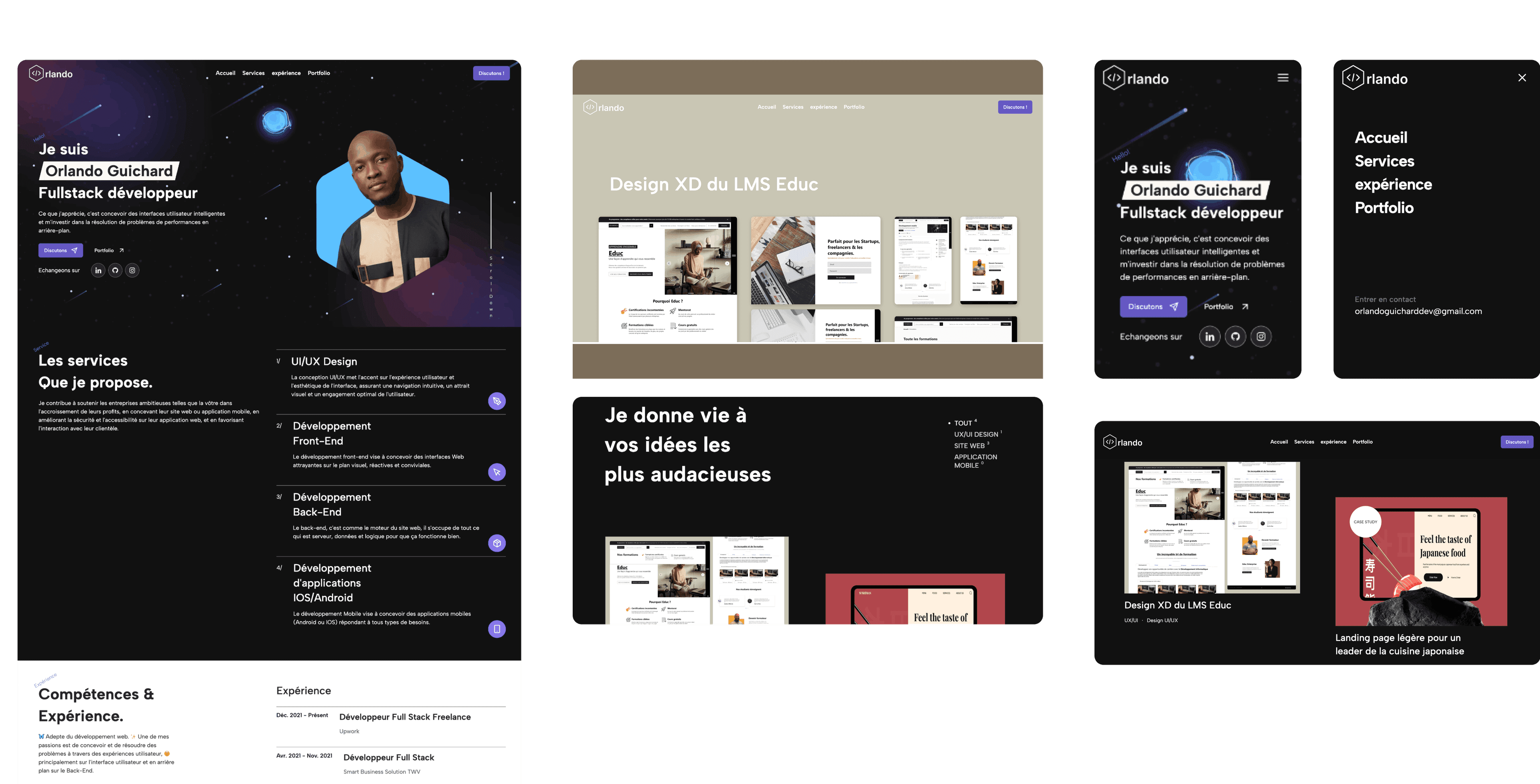 Aperçue des pages principales du portfolio de Orlando Guichard