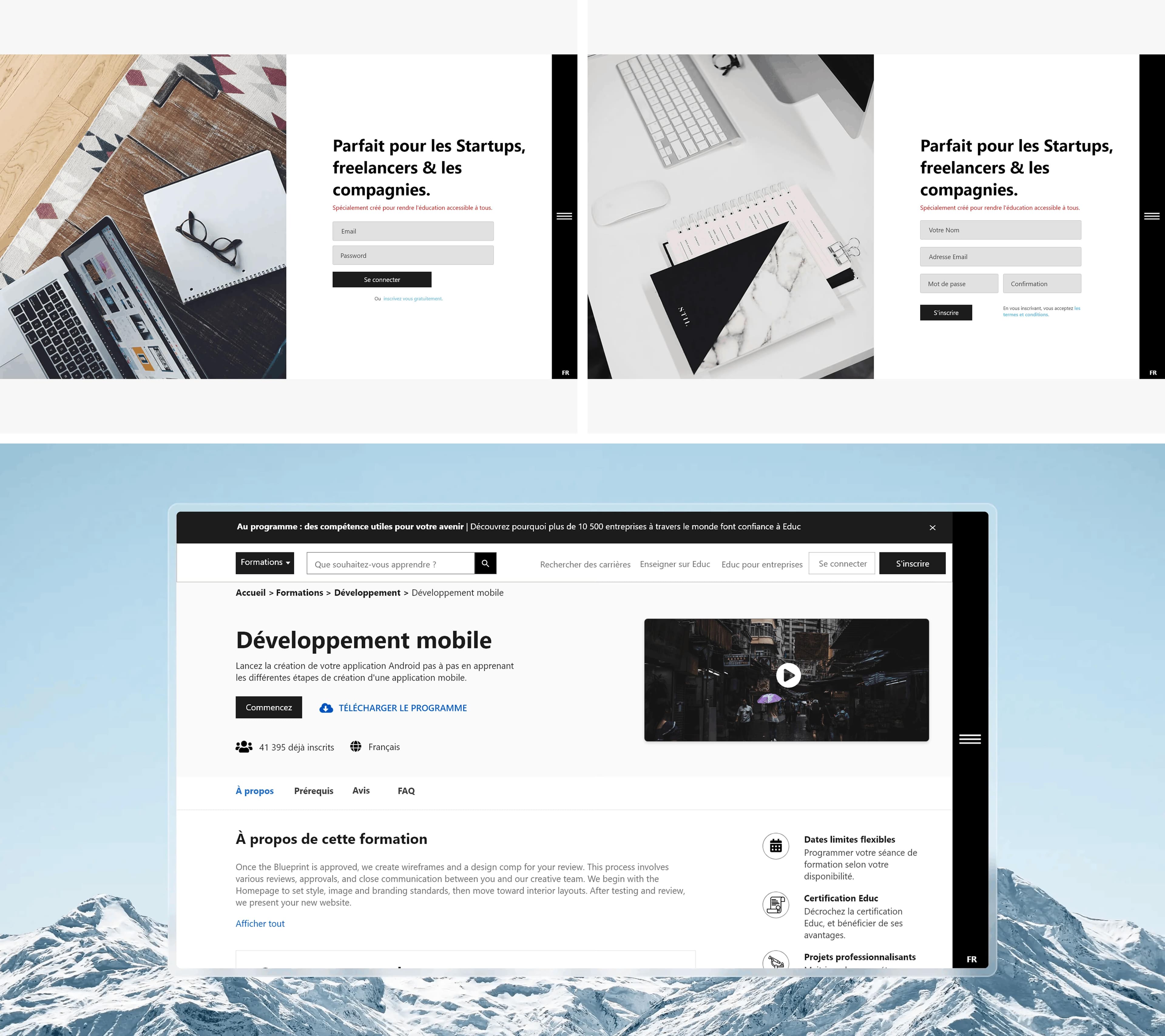 Design UI de Educ présentant les page d'authentification et celle de la présentation de formation